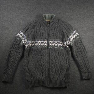Inis Crafts Men's Gray Full Zip Sweater Merino Wool Chunky Cable Knit Size L